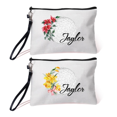 Personalized Birth Flower & Name Golf Cosmetic Bag, Custom Flax Sports Makeup Bag, Sports Accessory, Sports Gift for Golf Team/Player/Coach