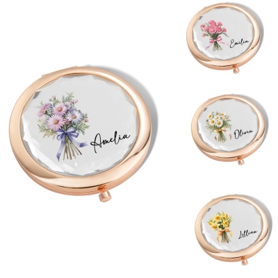 Personalized Birth Flower Makeup Mirror with Name, Portable Embellished Pocket Travel Purse Mirror, Gift for Women/Mom/Wife/Girlfriend/Bridesmaids