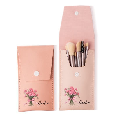 Personalized Name Birth Flower Makeup Brush Bag, Woman's PU Leather Cosmetic Bag, Birthday/Mother's Day/Wedding Gift for Mother/Wife/Bridesmaids