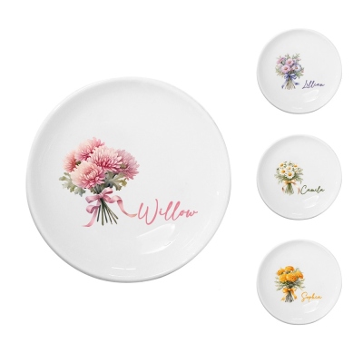 Personalized Birth Flower Ring Dish with Name, Custom Ceramic Jewelry Holder Organizer, Birthday/Wedding/Engagement Gift for Women/Best Friends/Bride