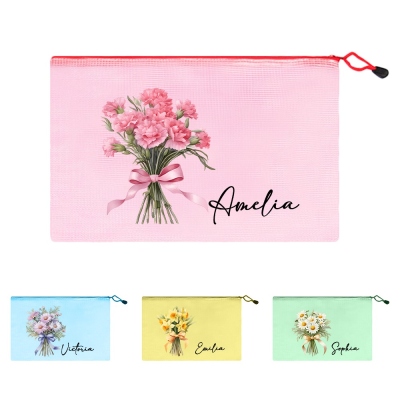 Custom Name Birth Flower PVC Mesh Zipper Pouch, Waterproof Beach Bag, Zipper File Bag, Bridal Shower Favor, Birthday/Wedding Gift for Women/Friends