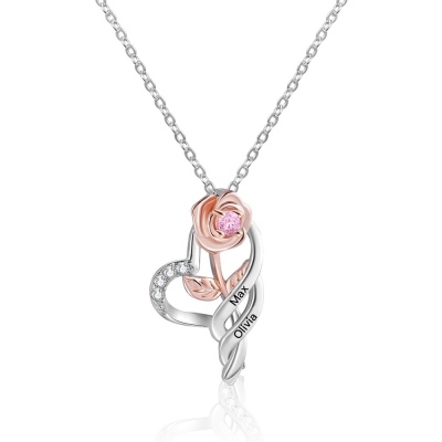 Custom 1-3 Names Rose Heart Necklace with Birthstone, Love Heart Flower Pendant Necklace, Birthday/Mother's Day/Anniversary Gift for Her/Mom/Grandma