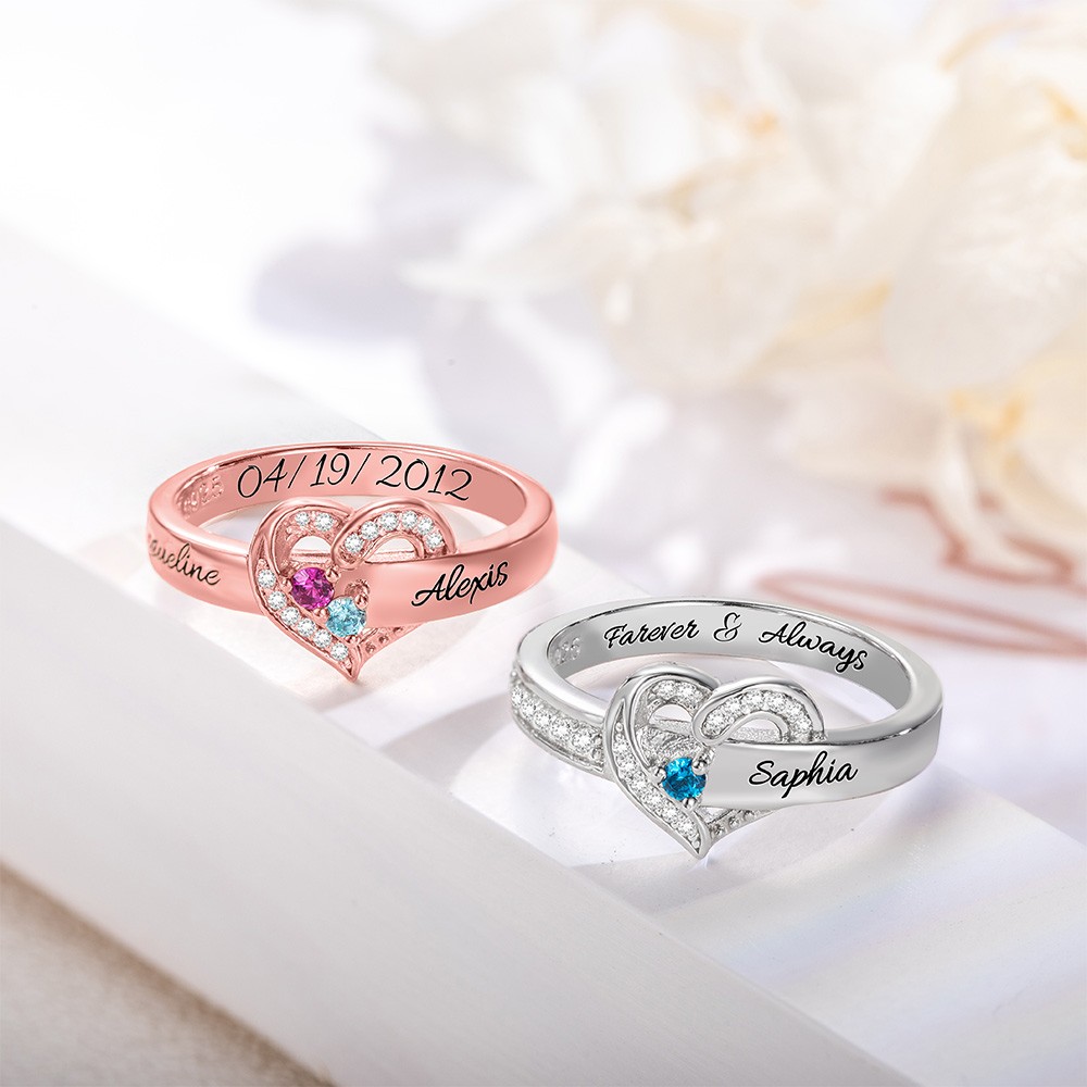 Customized Hearts and Birthstones Family Ring