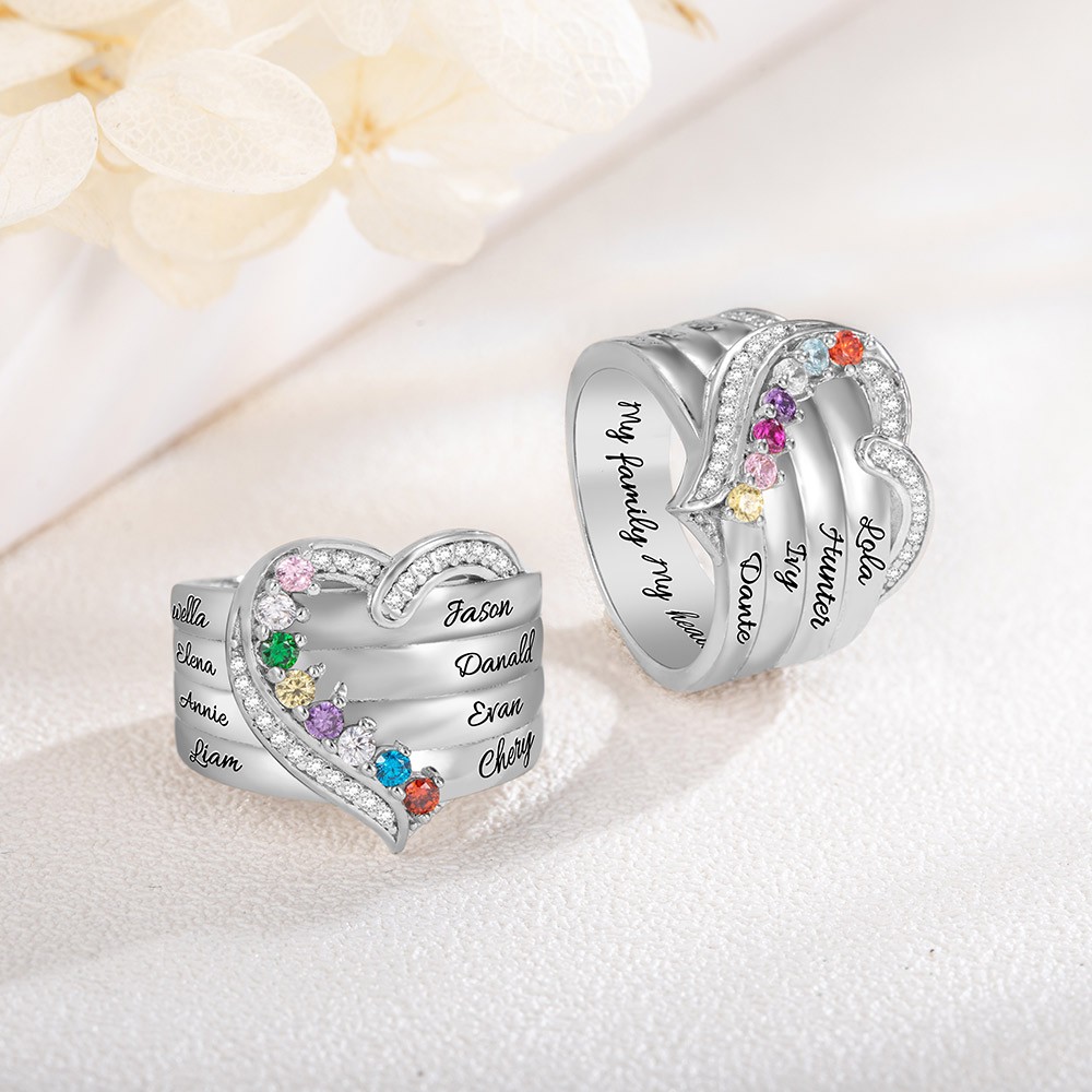 Customized Hearts and Birthstones Family Ring