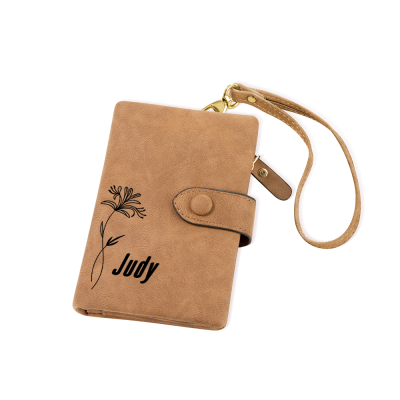 Personalized Tri-Fold Birth Flower Leather Wallet, Birth Flower Wallet with Coin Holder, Travel Accessories, Card Holder, Birthday Gift for Women