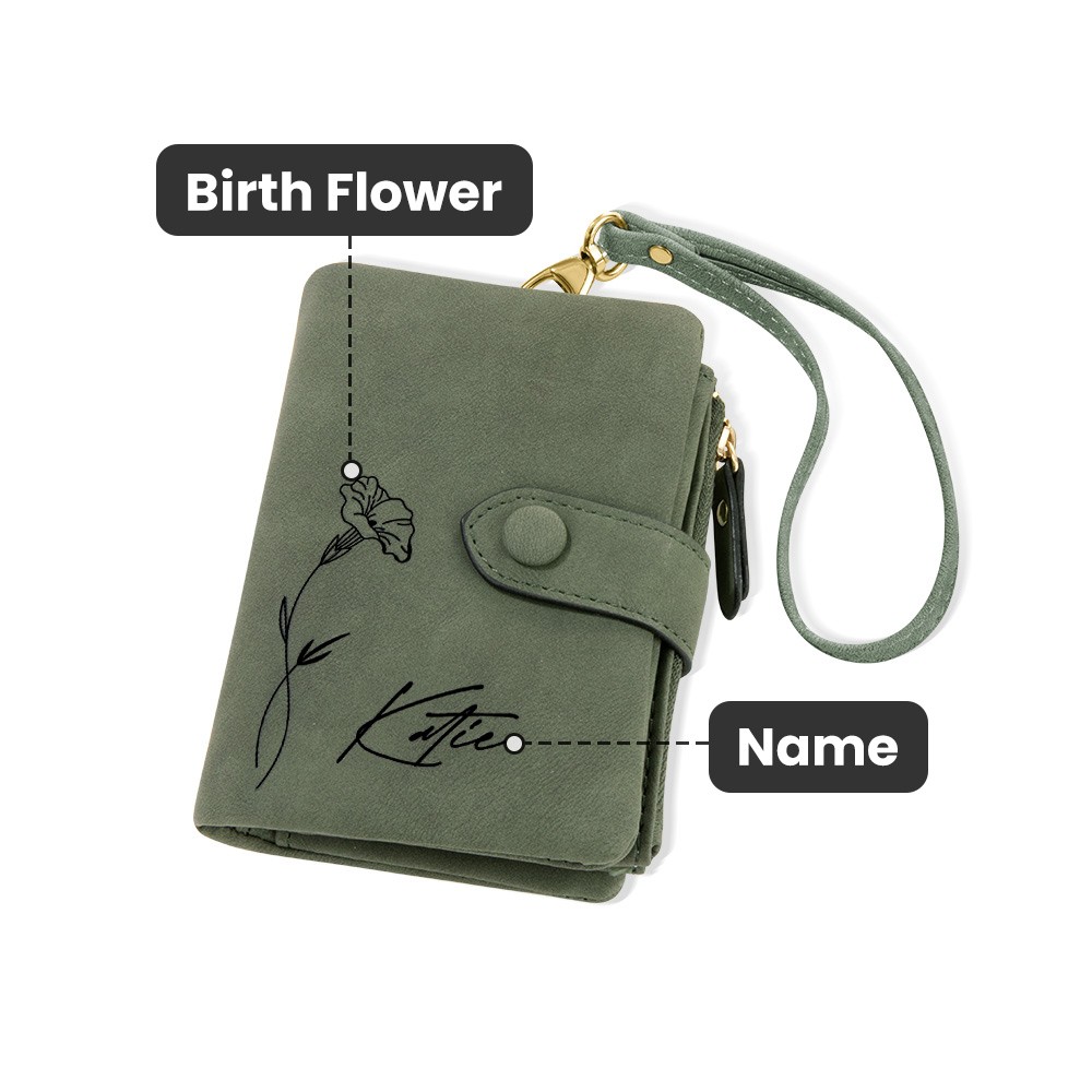 Personalized Tri-Fold Birth Flower Leather Wallet, Birth Flower Wallet with Coin Holder, Travel Accessories, Card Holder, Birthday Gift for Women