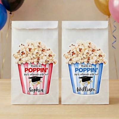 Custom Name & Year Thanks for Popping by to Celebrate Graduation Stickers, Gift Tags, Treat Bag Labels, Graduation Party Favors, Gifts for Graduates