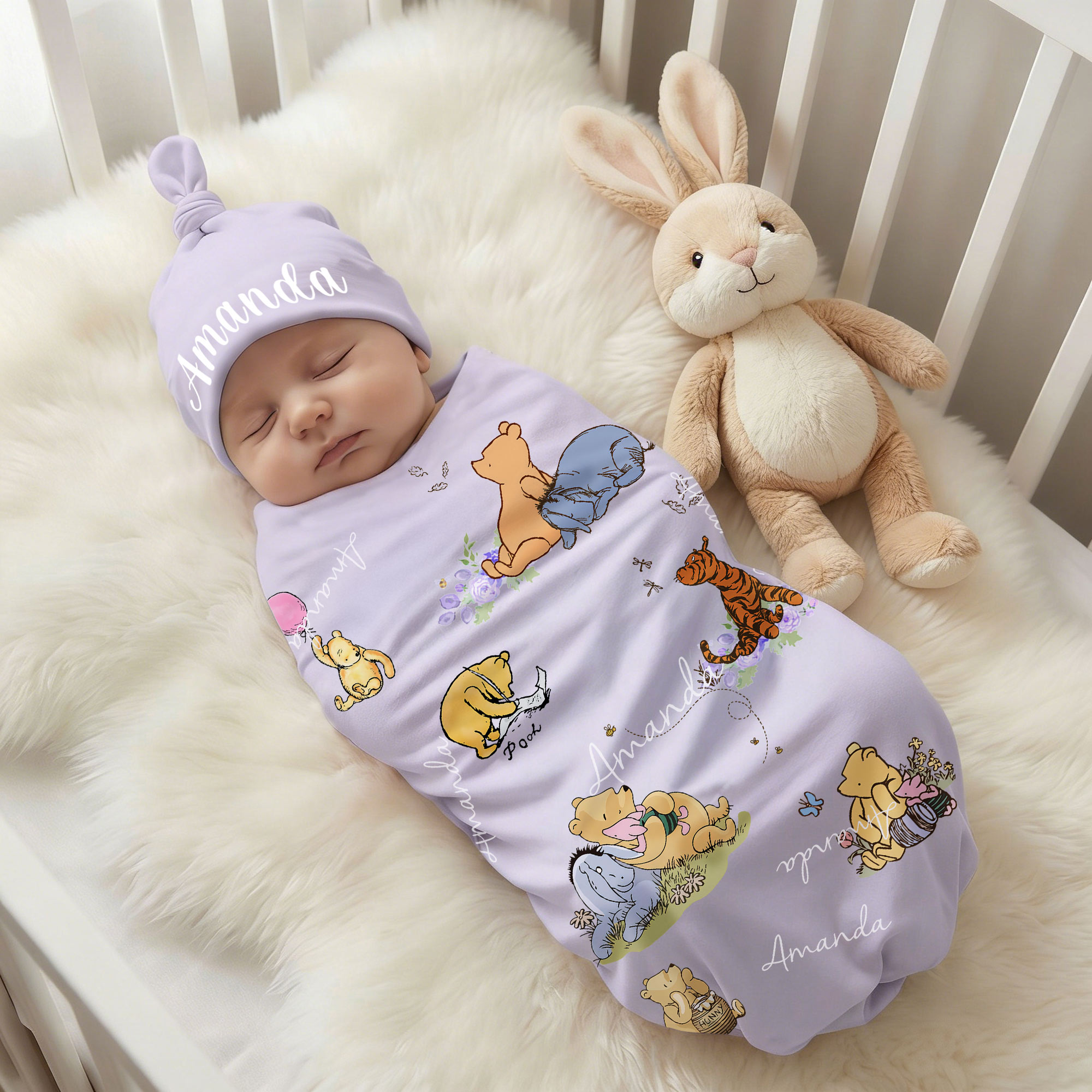Personalized Name Classic Winnie the Pooh Receiving Blanket with Beanie, Swaddle & Hat Set for Baby Girl/Boy, Birthday/Baby Shower Gift for Newborns