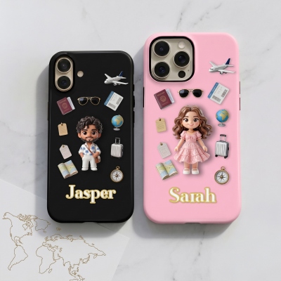 Personalized Photo 3D Cartoon Character Full Print Phone Case with Name, Double Layer TPU Phone Case for iPhone, Birthday Gift for Travel Lovers