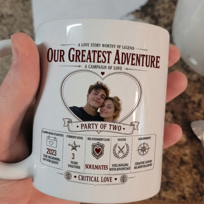 Personalized DND Couple Mug with Custom Photo & Relationship Stats, RPG Adventure Love Coffee Mug, Anniversary & Valentine's Gift for Couples