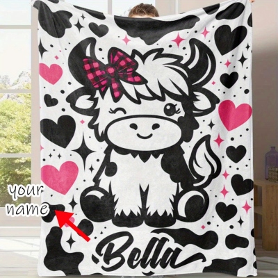 Custom Highland Cow & Hearts Throw Blanket with Name, Flannel/Sherpa Throw for Bed Couch, Home Decor, Birthday/Holiday Gift for Family/Friends/Kids