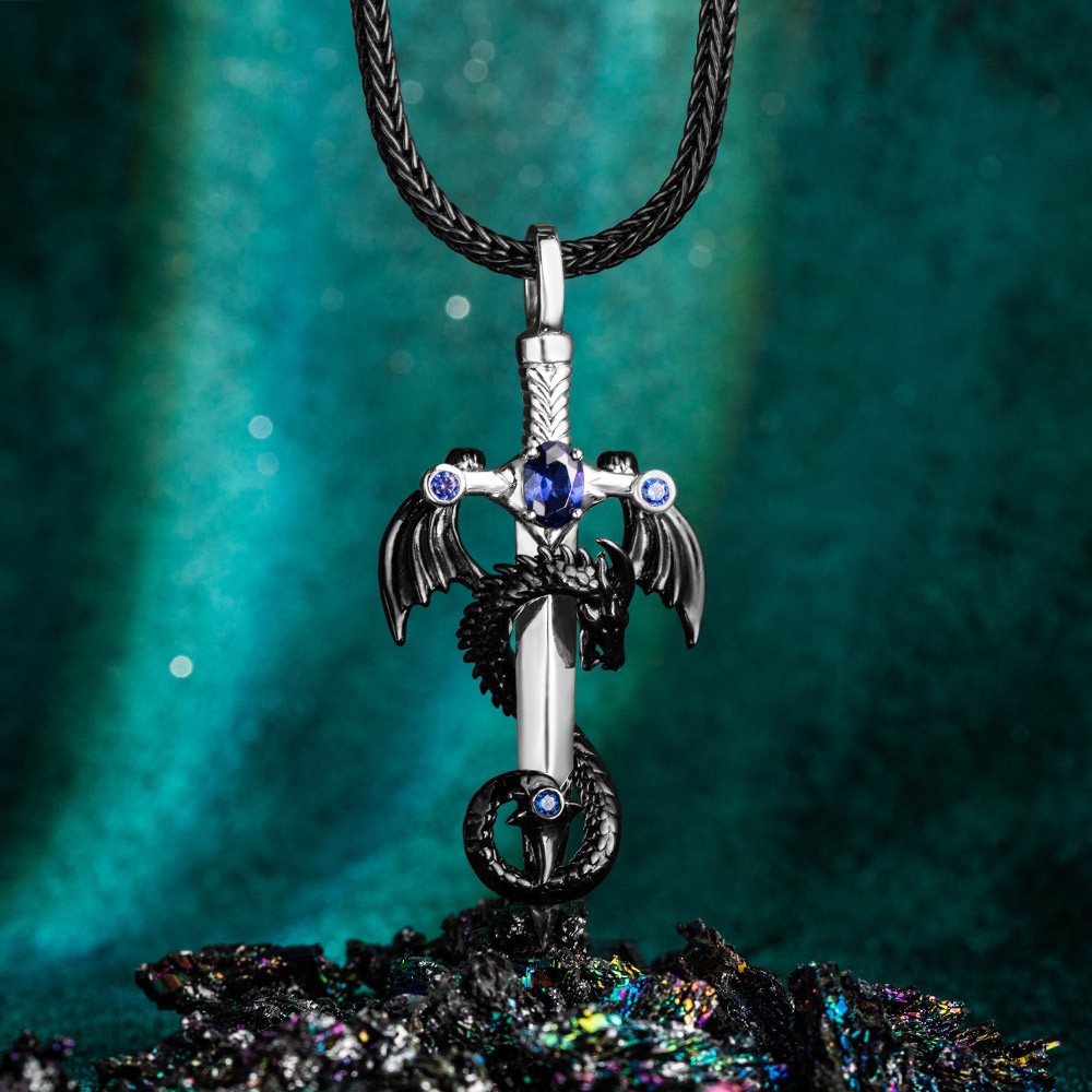 Custom Wing Dragon Wrapped Sword Necklace with Birthstone Cross Pendant, Gothic Jewellery, Gift for Rock Punk Lovers