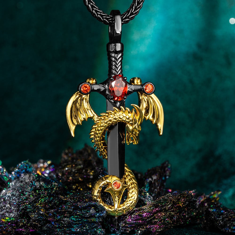 Custom Wing Dragon Wrapped Sword Necklace with Birthstone Cross Pendant, Gothic Jewellery, Gift for Rock Punk Lovers