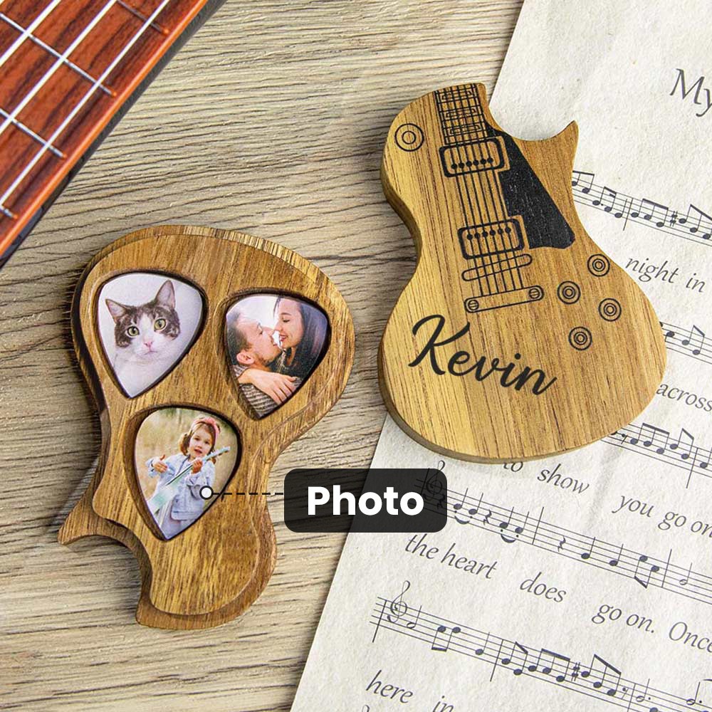 Personalisierte Gitarrenplektren aus Holz mit Aufbewahrungshülle mit Textfoto, Geburtstags-/Abschlussgeschenk für Gitarrenspieler/Musiker