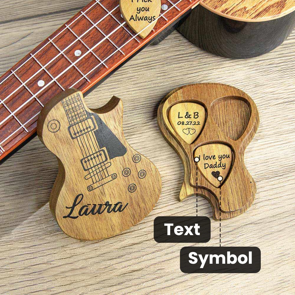 Personalisierte Gitarrenplektren aus Holz mit Aufbewahrungshülle mit Textfoto, Geburtstags-/Abschlussgeschenk für Gitarrenspieler/Musiker
