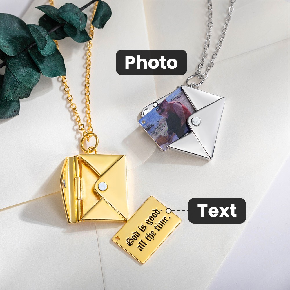 Personalized Name & Photo Love Letter Envelope Necklace, Secret Message Envelope Locket, Couples Jewelry,  Birthday Valentine's Day Gift for Her