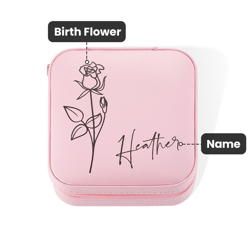 Custom Name Birth Flower Jewelry Travel Case, Vegan Leather Jewelry Organizer Box, Birthday/Mother's Day/Wedding Gift for Mother/Wife/Bridesmaids