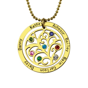 Family Tree Gold Necklace with 7 Names and Birthstones