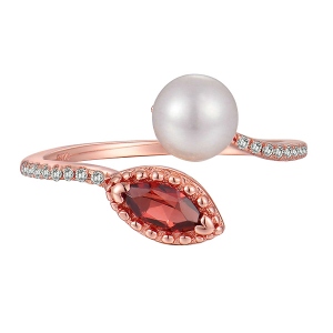 Natural White Pearl & Red Garnet Ring In Rose Gold