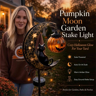Pumpkin Moon Garden Stake Light with Black Cat, Outdoor Yard Decor, Halloween Gift for Cat Lover/Kids
