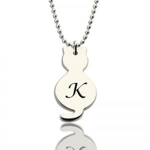 Personalized Tiny Cat Initial Pendant Necklace Silver