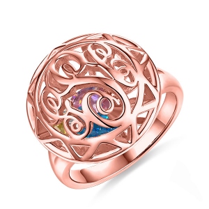 Monogram Cage Ring With Heart Birthstones In Rose Gold
