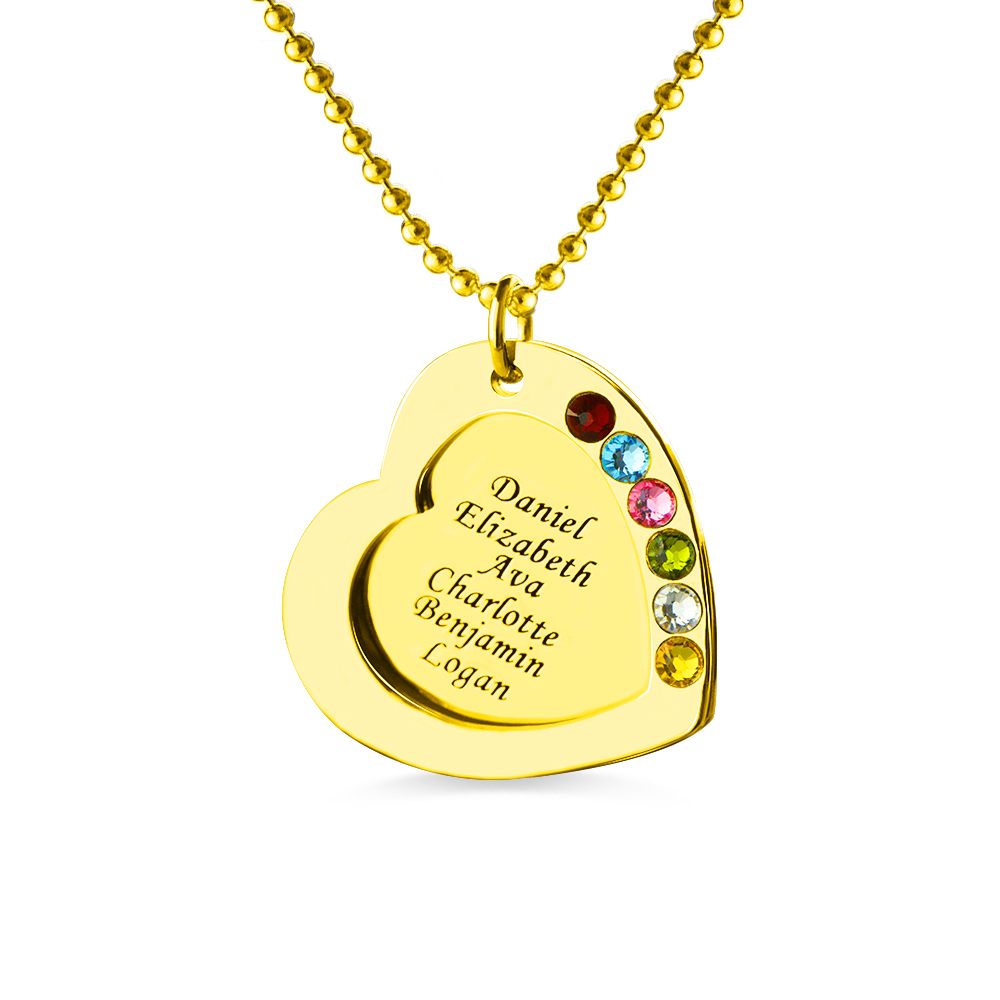 Colar com pingente em forma de coração com pedras de nascimento e nomes de família em ouro para mãe.