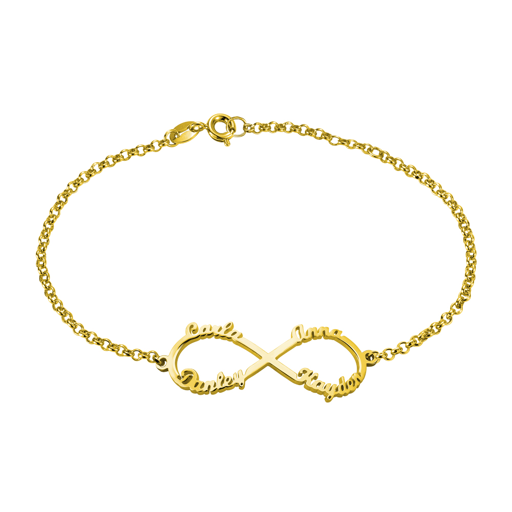 Pulseira com quatro nomes e símbolo do infinito personalizada em ouro