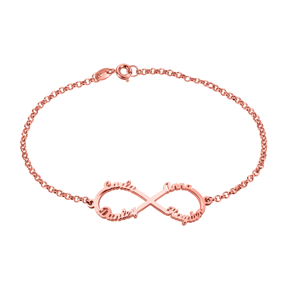 Pulseira com quatro nomes de família com símbolo do infinito personalizada em ouro rosa