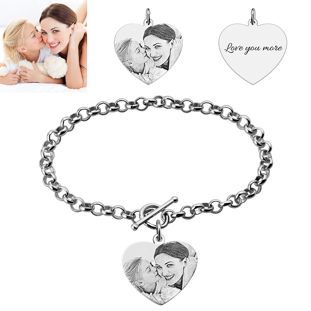 Custom Heart Charm Photo Engraved Bracelet in Sterling Silver
