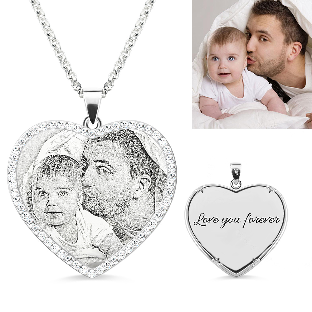 Photo Engraved Heart Shimmer Necklace Sterling Silver, Gift for Woman/Mom/Her/Lover