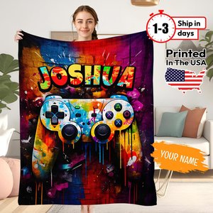 Custom Gaming blanket, Personalized Sherpa Fleece Name Blanket, Kids Blanket, Name Blanket Gift, Gamepad blanket for him, Xmas Gift for Boy