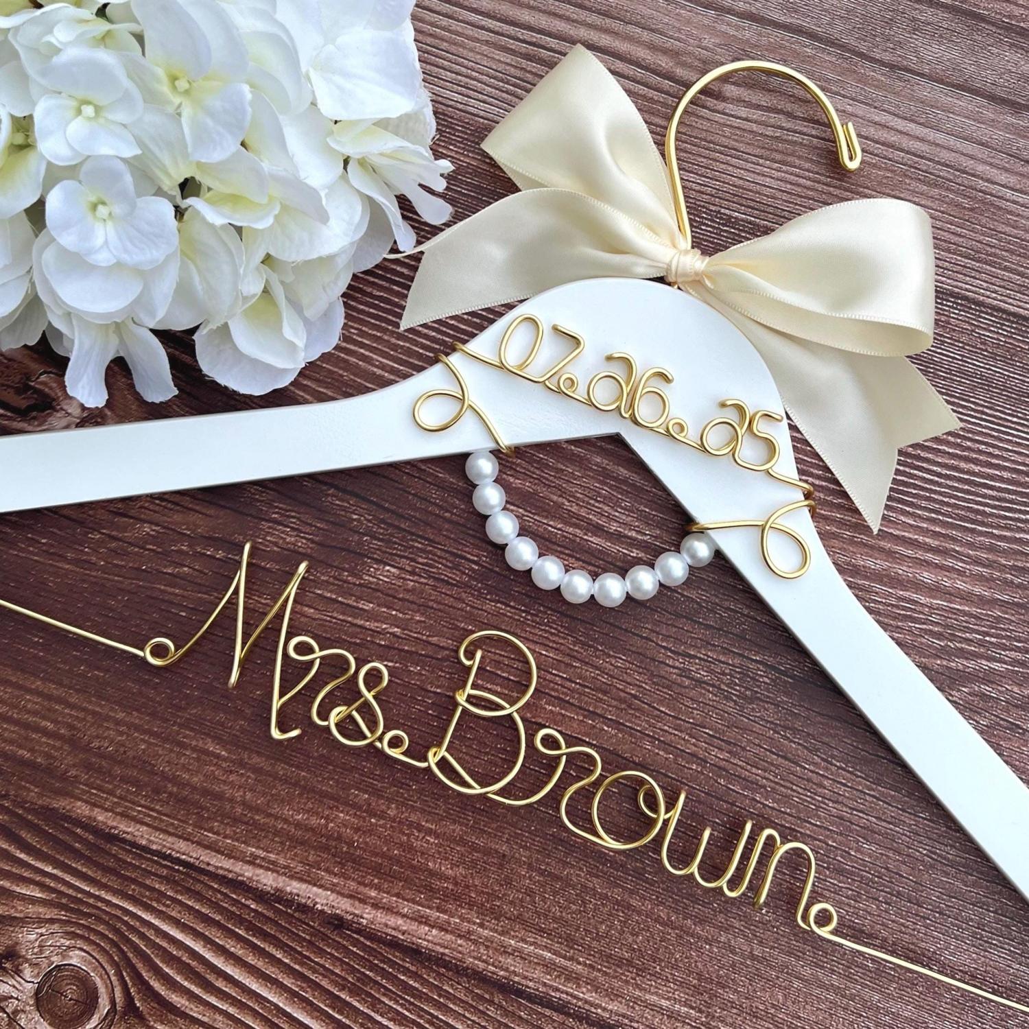 Personalized Wedding Dress Hanger with Pearls, Name & Date, Bridal Shower Gift for Bride