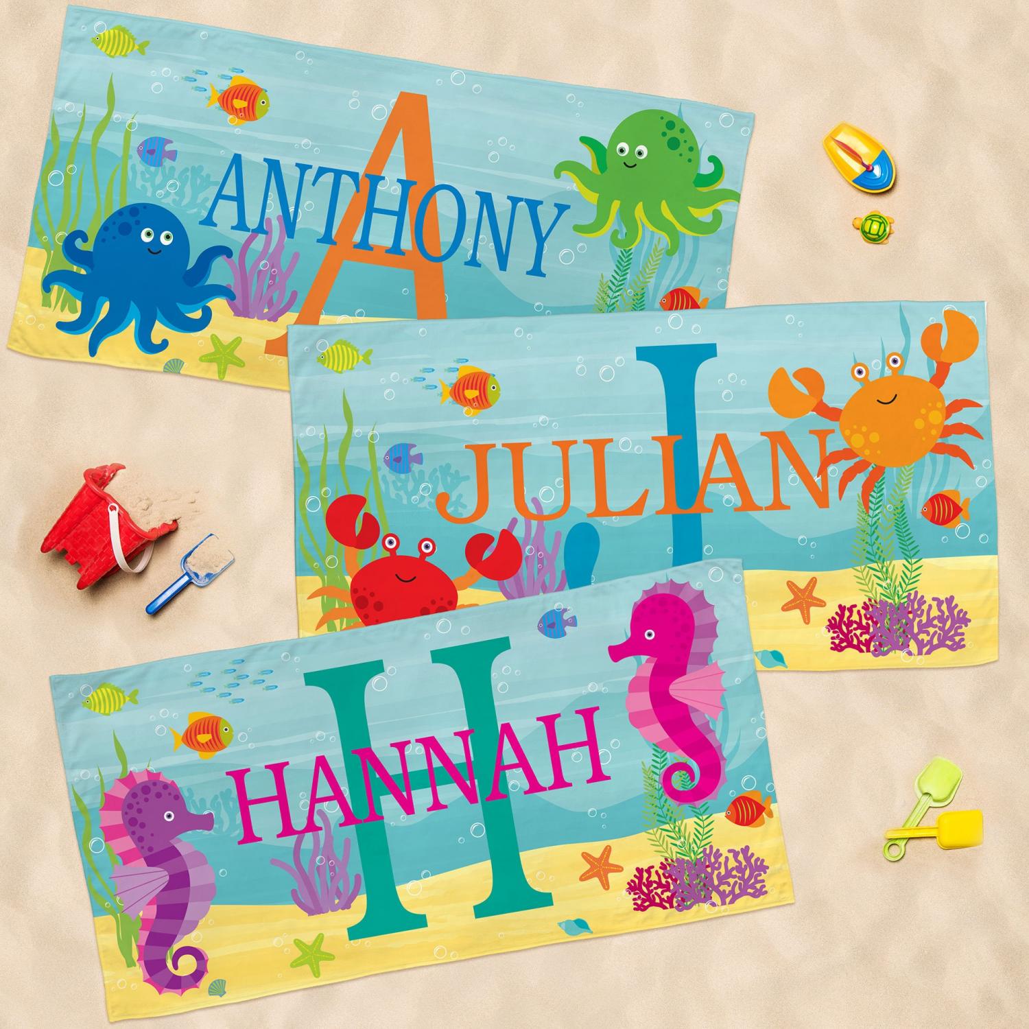 Personalized Kids Beach Towel - Fun Beach Designs - Gift For Girls Or Boys - Available In 3 Designs - Choose From 2 Sizes