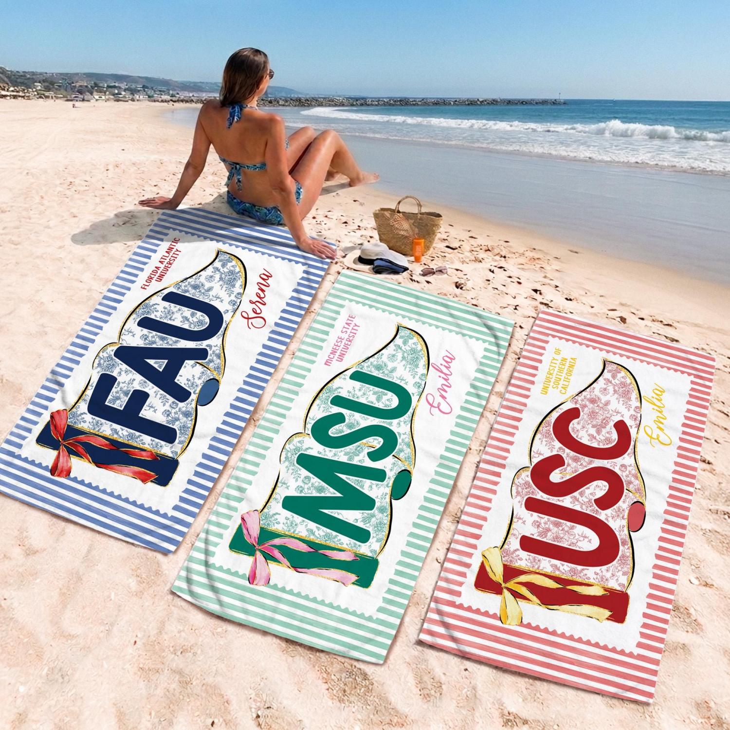 Personalized School Spirit Beach Towel: Coquette College Pennant Flag Towel, Grandmillennial Striped Towel, Sorority Girls Graduation Gift