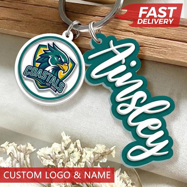 Personalized Name Keychain With College School Logo Charm, Custom Backpack Accessory, Graduation Gift