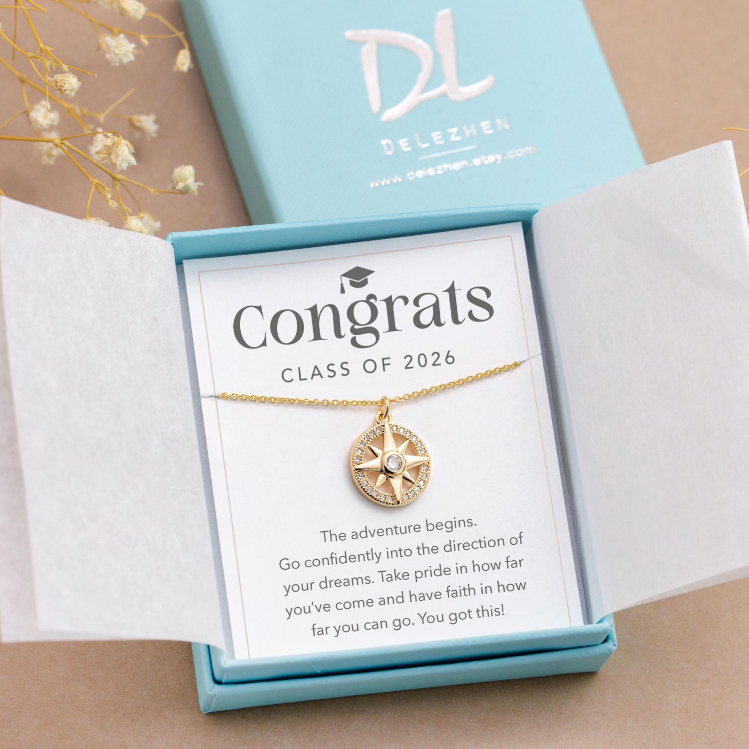 Follow Your Compass Necklace, New Beginnings Graduation Gift, Necklace on Card, College, High School Graduating Senior Gift for Girl Custom