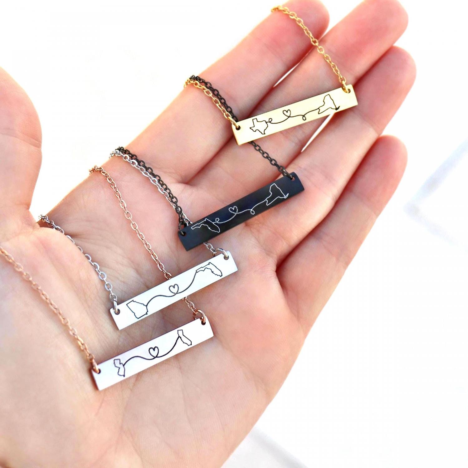 Long Distance Necklace: State or Country Engraved Pendant, Two States, Moving away, Relationship, Mom