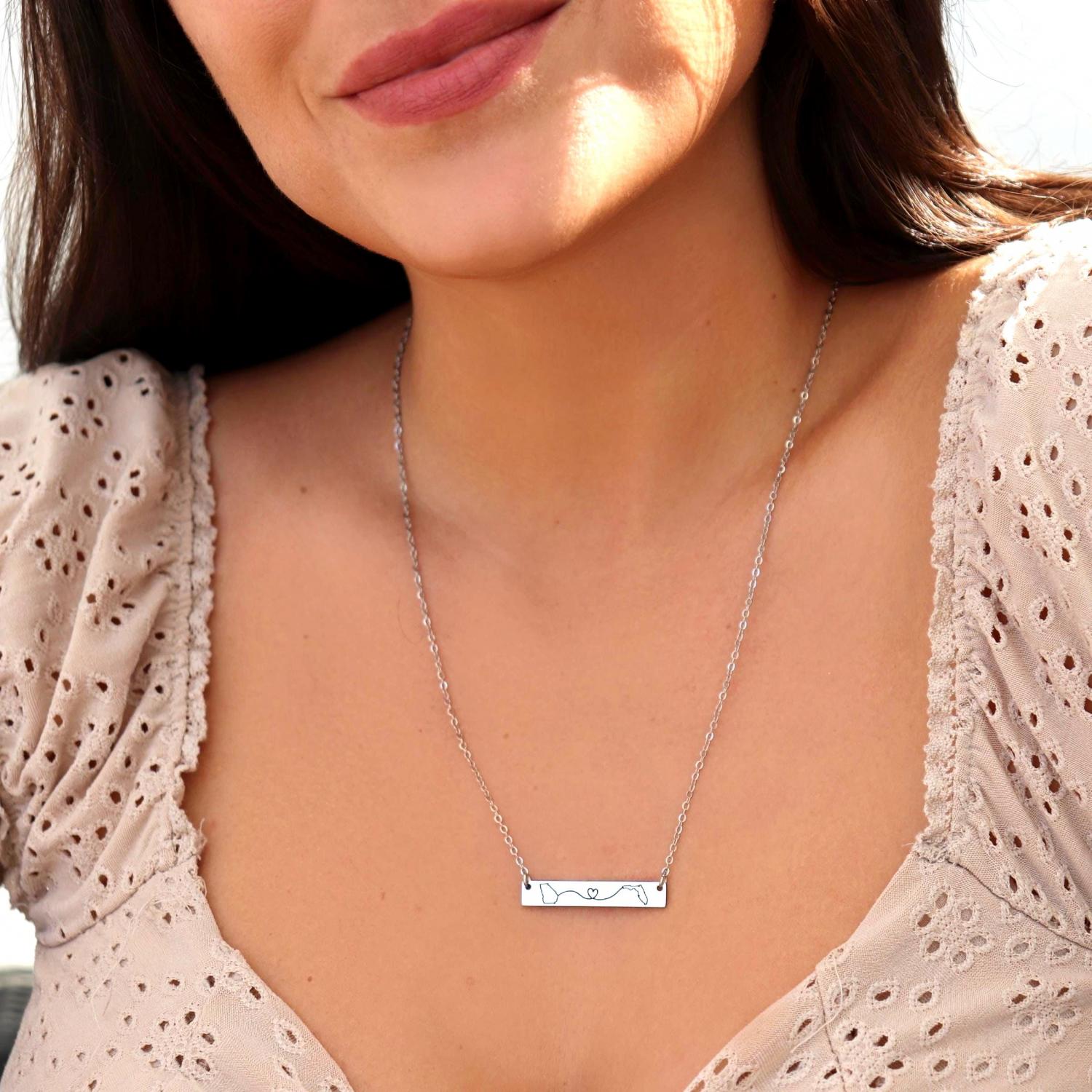 Long Distance Necklace: State or Country Engraved Pendant, Two States, Moving away, Relationship, Mom