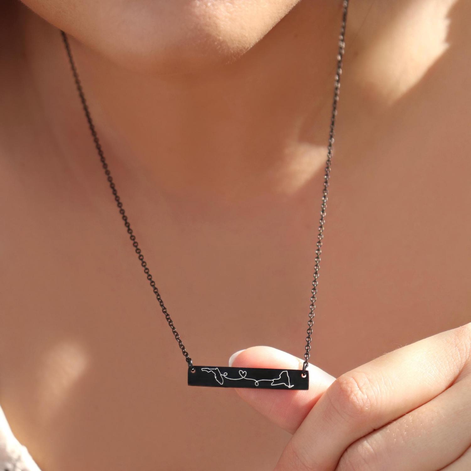 Long Distance Necklace: State or Country Engraved Pendant, Two States, Moving away, Relationship, Mom