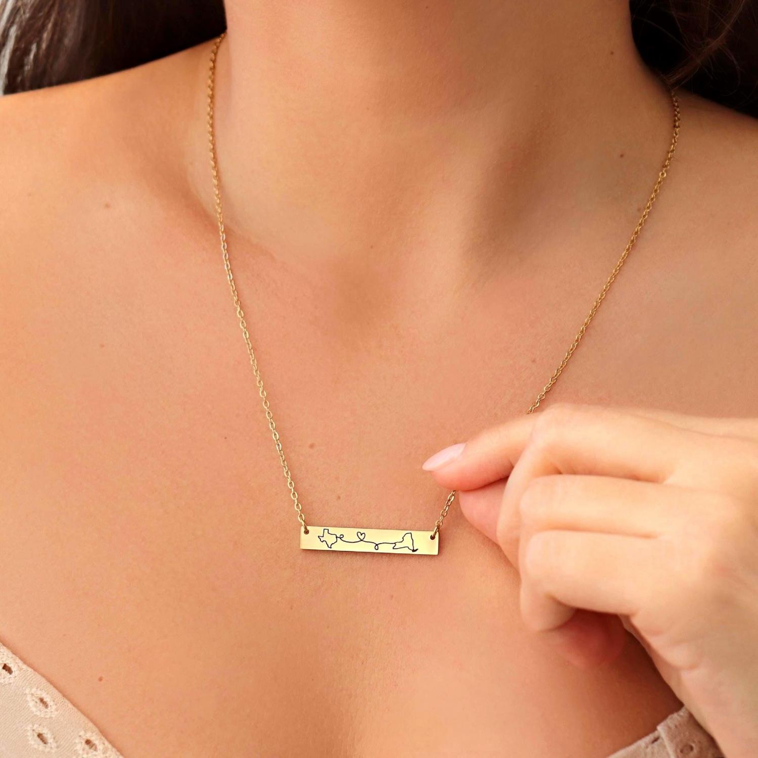 Long Distance Necklace: State or Country Engraved Pendant, Two States, Moving away, Relationship, Mom