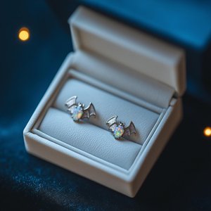 Bat Opal Earrings, Fire Opal Halloween Stud Earrings, Halloween Opal Jewelry Rose Gold Silver Stud Earrings, Animal Earrings, Goth, Vampire