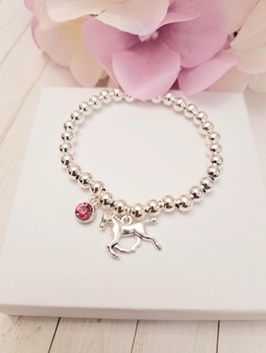 Personalized Horse Bracelet with Birthstone Charm, Sterling Silver 925 Dainty Jewelry, Birthday/Anniversary Gift for Horse Lovers/Equestrians/Riders