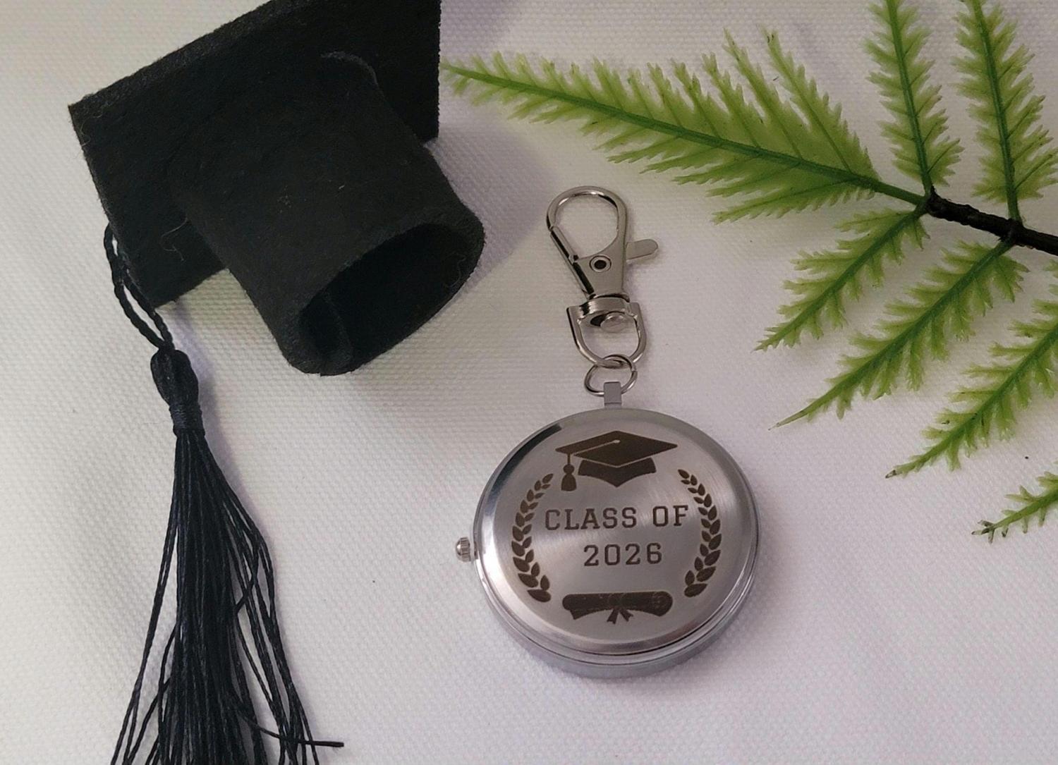 Personalized Graduation Gift Pocket Watch Keychain, Optional Back Engraving, Class of 2026 Keepsake