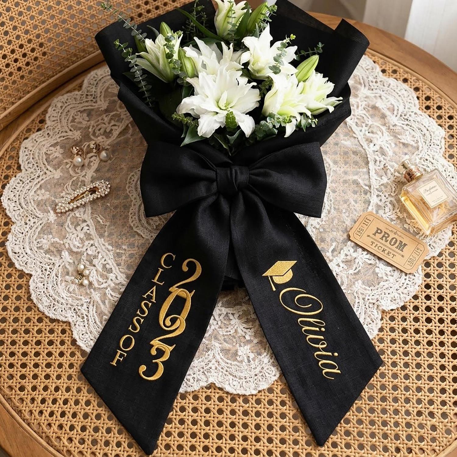 Prom Bouquet Sash, Custom Flower Bouquet Ribbon, Monogram Bouquet Wrap, Graduation Name Ribbon, Embroidered Keepsake Gift, Homecoming Gift