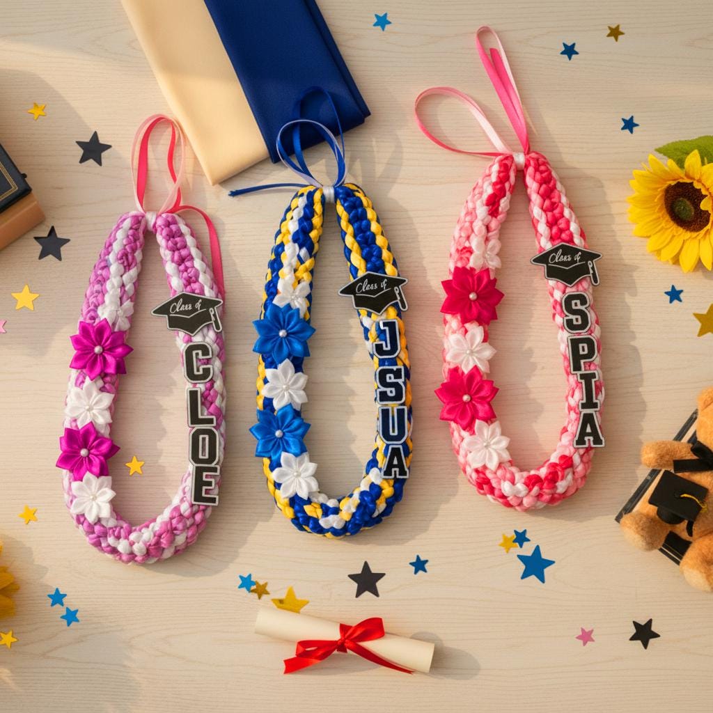 Personalized Graduation Lei With Flower, Graduation Lei 2026 with Name, Gift for Graduates, Custom Ribbon Lei, Grad Gift 2026 Graduation Lei
