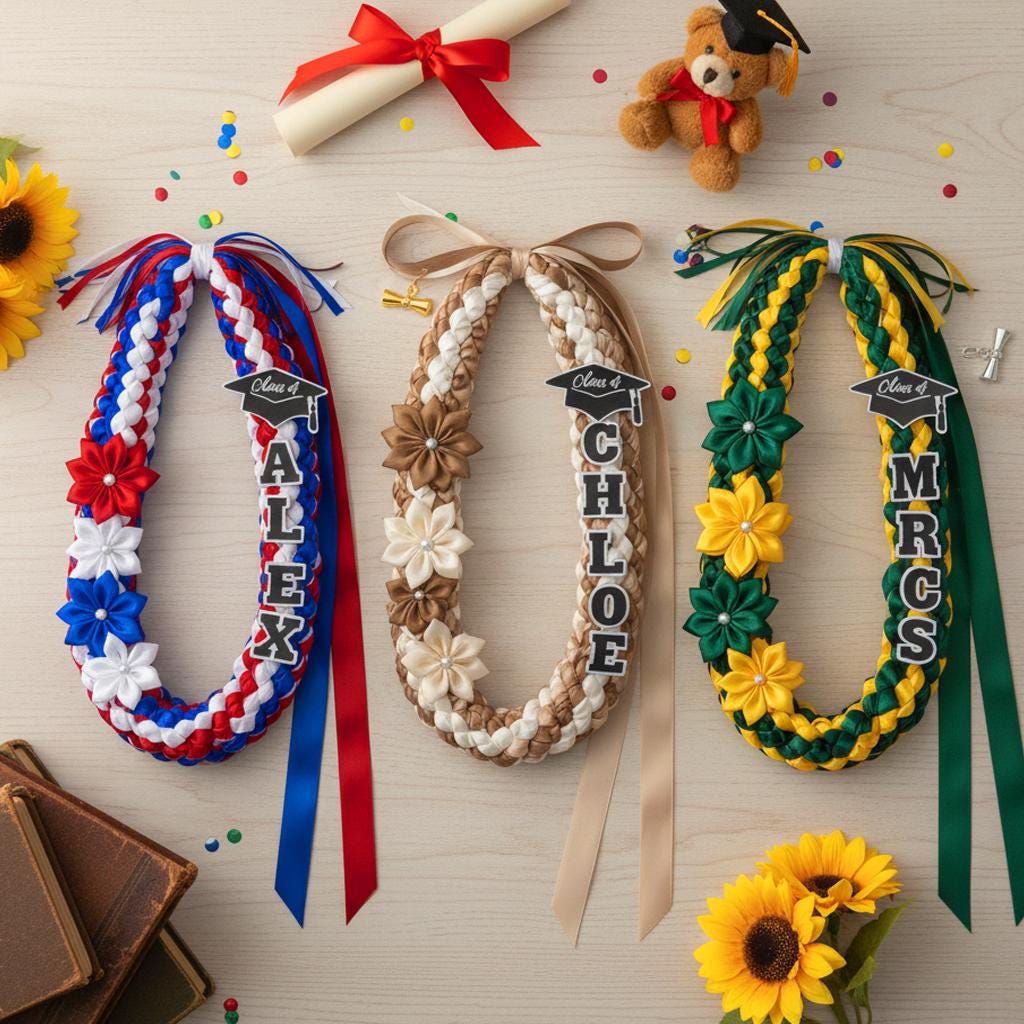 Personalized Graduation Lei With Flower, Graduation Lei 2026 with Name, Gift for Graduates, Custom Ribbon Lei, Grad Gift 2026 Graduation Lei
