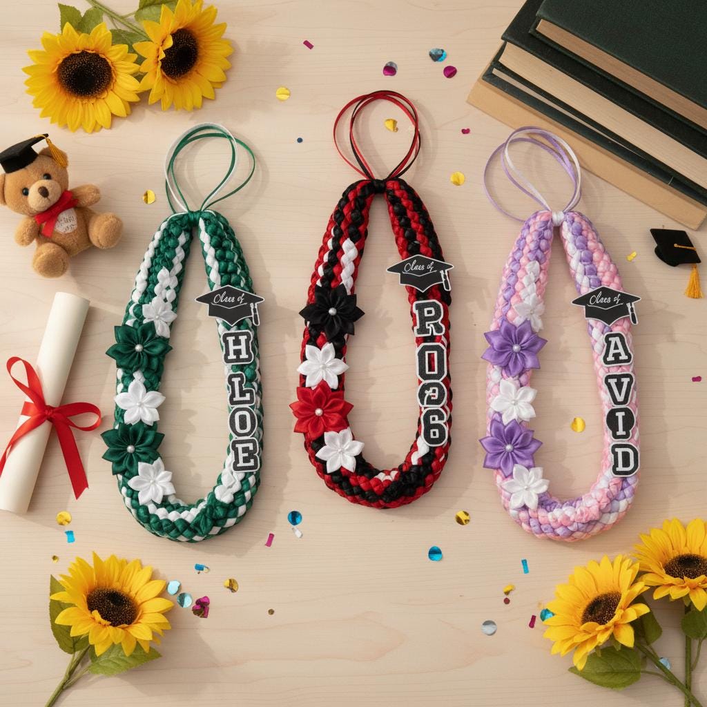 Personalized Graduation Lei With Flower, Graduation Lei 2026 with Name, Gift for Graduates, Custom Ribbon Lei, Grad Gift 2026 Graduation Lei