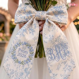 Embroidered Bouquet Ribbon Sash, Custom Monogram Prom Graduation Wrap