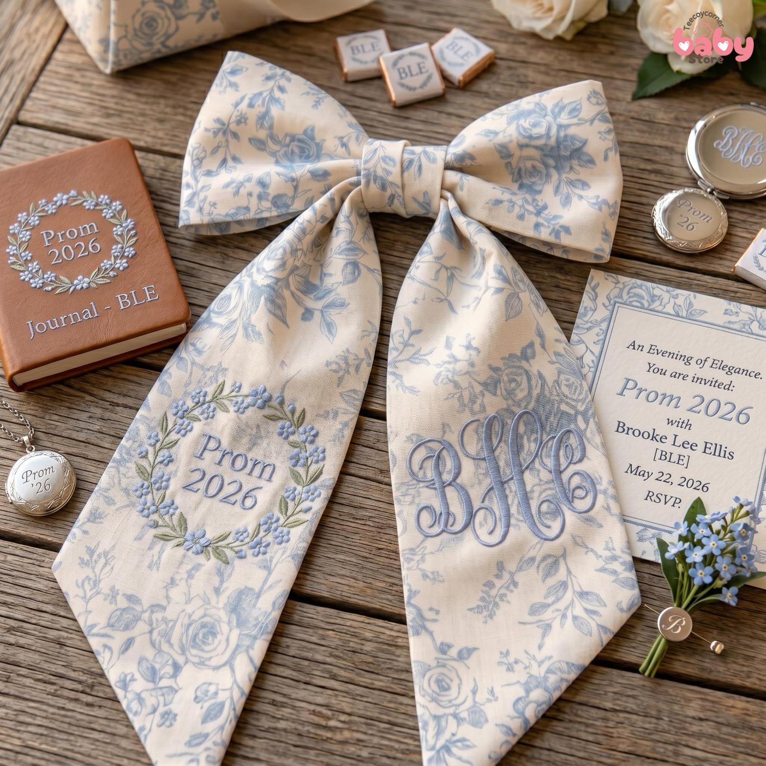 Embroidered Bouquet Ribbon Sash, Custom Monogram Prom Graduation Wrap